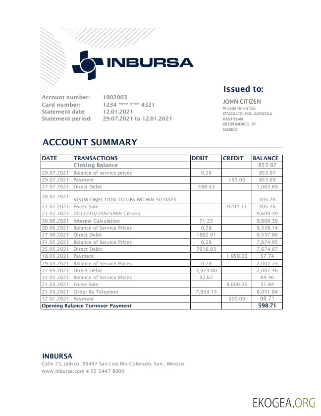 Modèle de relevé de banque Inbursa Bank du Mexique facile à remplir au format Excel et PDF
